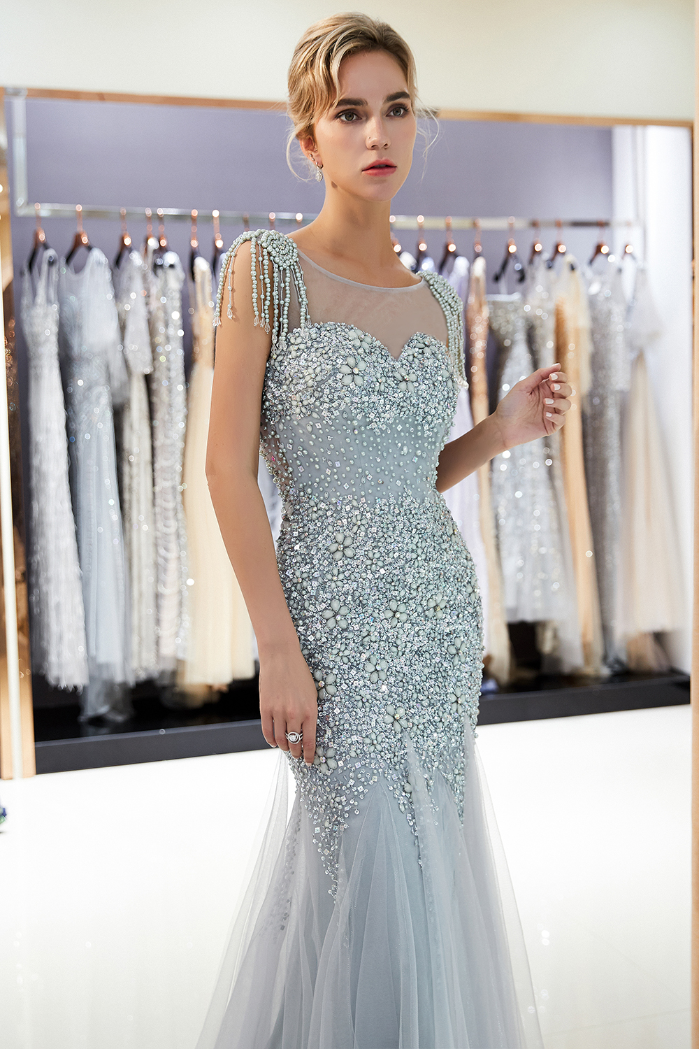 Mermaid Jewel Neck Sleeveless Sweep / Brush Train Tulle Evening Dress With Crystal Floral Pin 6