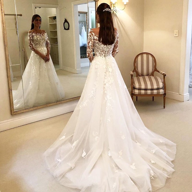 Illusion Long Sleeve Floral Lace A-Line Wedding Gown 2