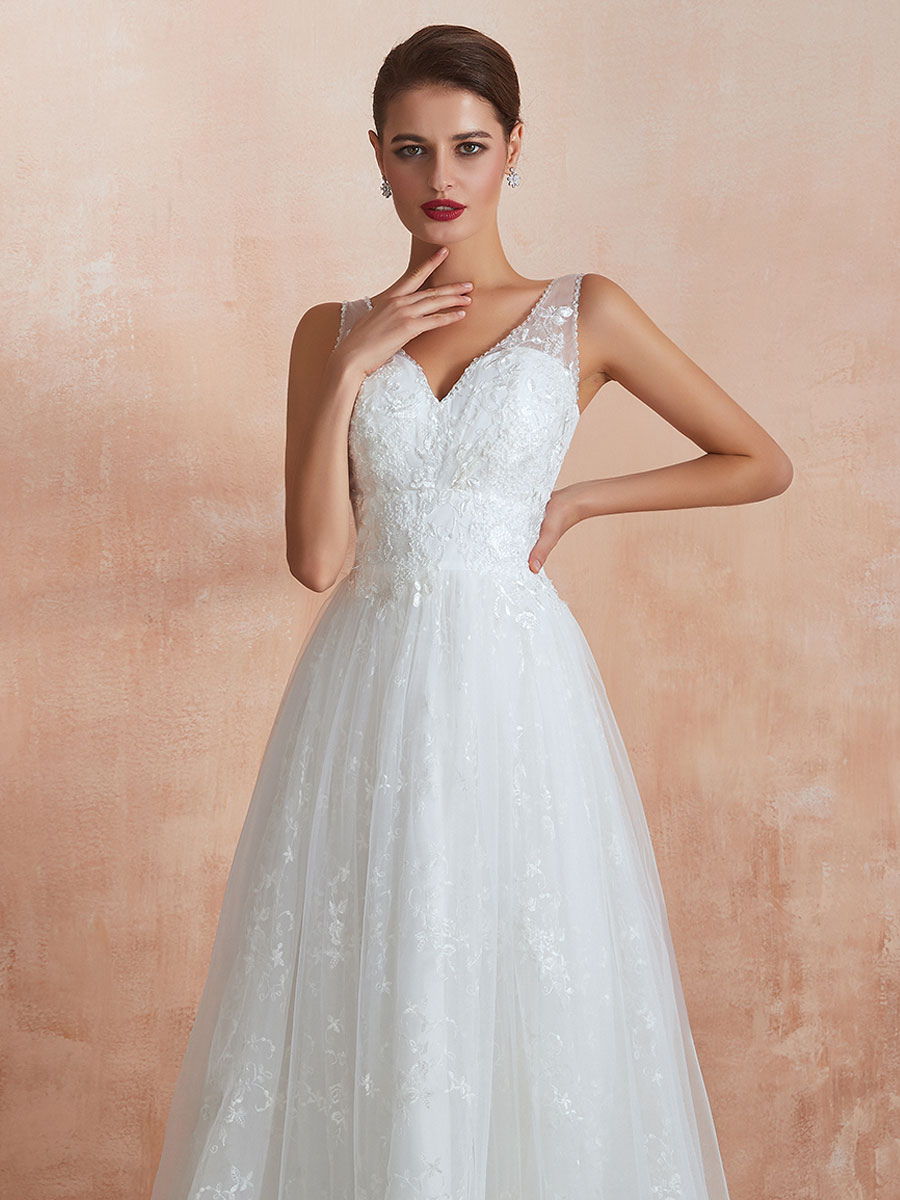 A-line V-neck Sleeveless Floor-length Lace Bridal Dress With Lace 7