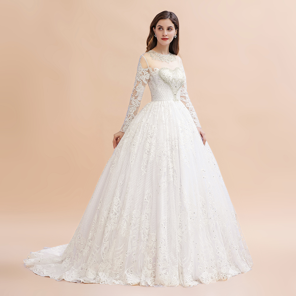 A-line Jewel Neck Long Sleeves Court Train Tulle Wedding Gown With Beading 8