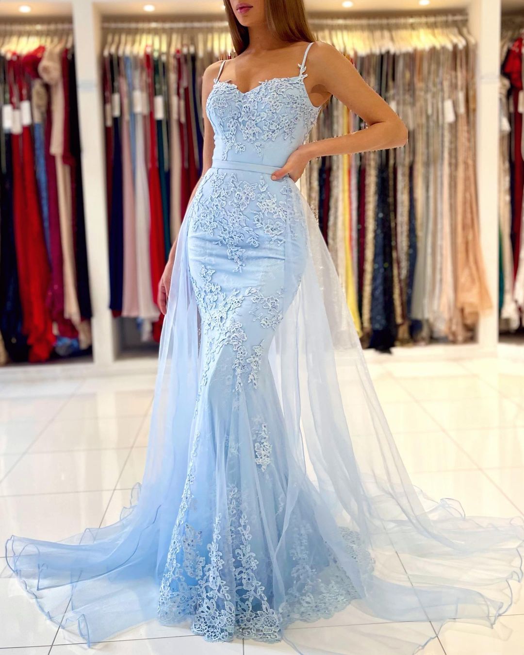 Mermaid Spaghetti Straps Sleeveless Floor-length Lace Evening Dress With Appliques 5