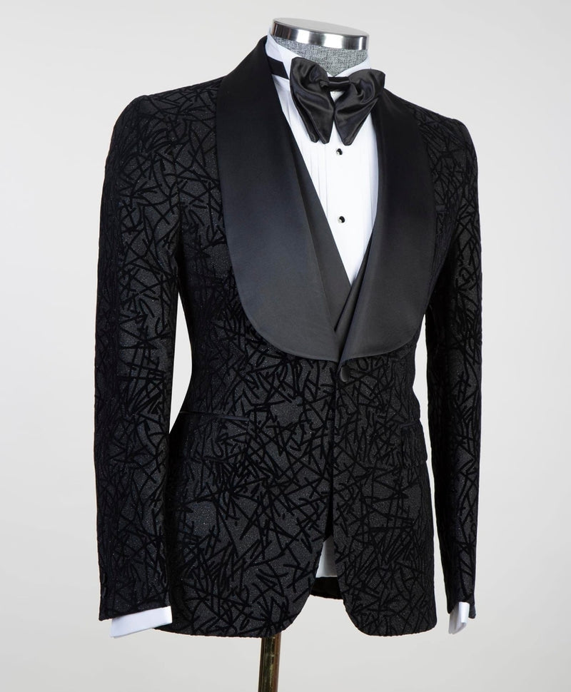 Black Shawl Lapel Jacquard Men Suit 3