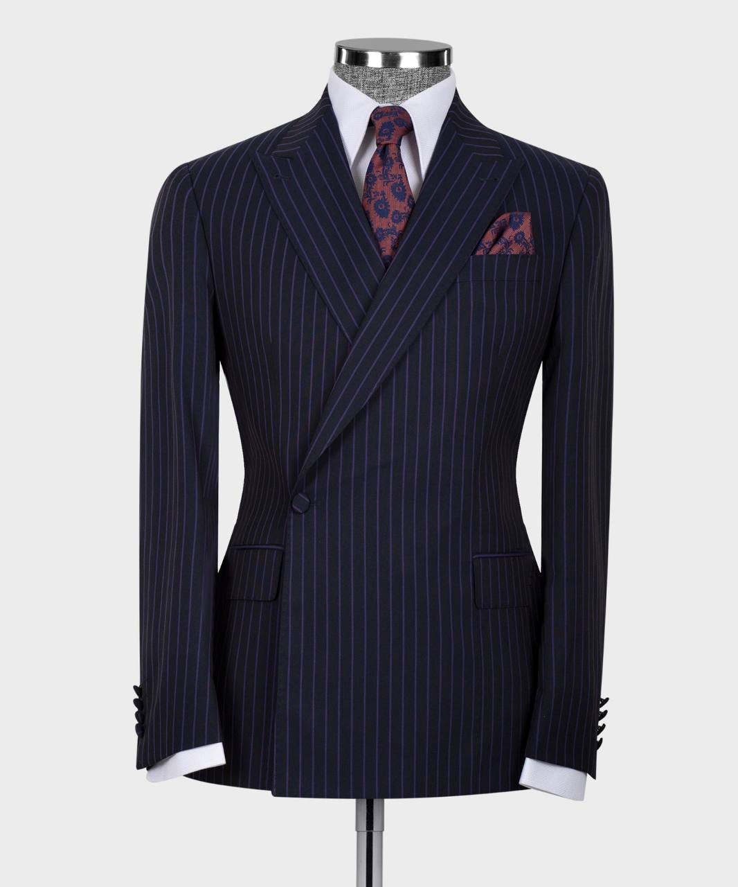 Dark Navy One Button Striped Peaked Lapel Men Suit 4