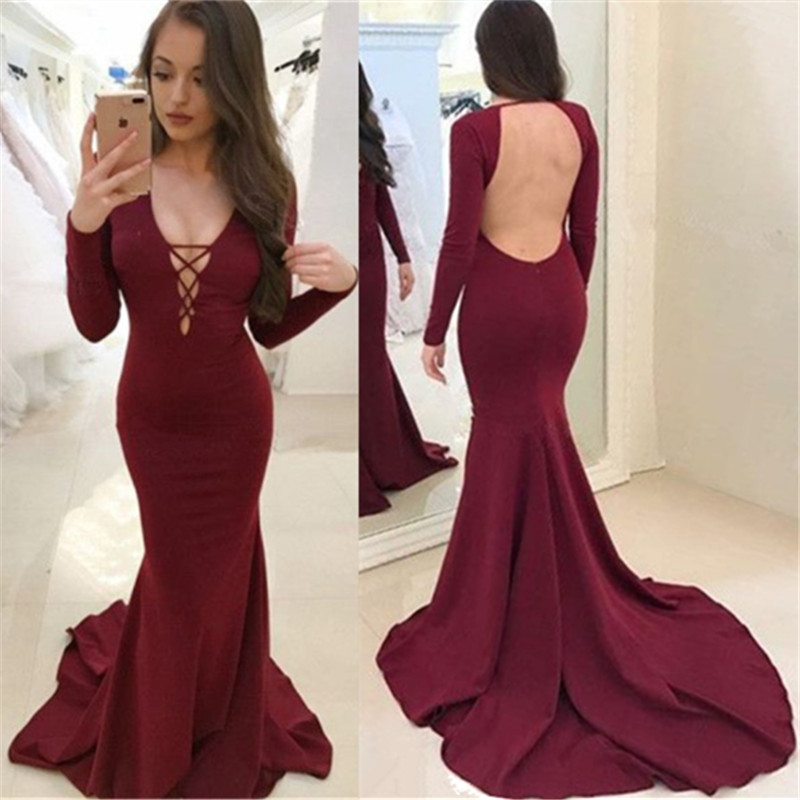 Burgundy Long Sleeves Evening Dresses Backless Mermaid V-Neck Prom Dresses -  and 3