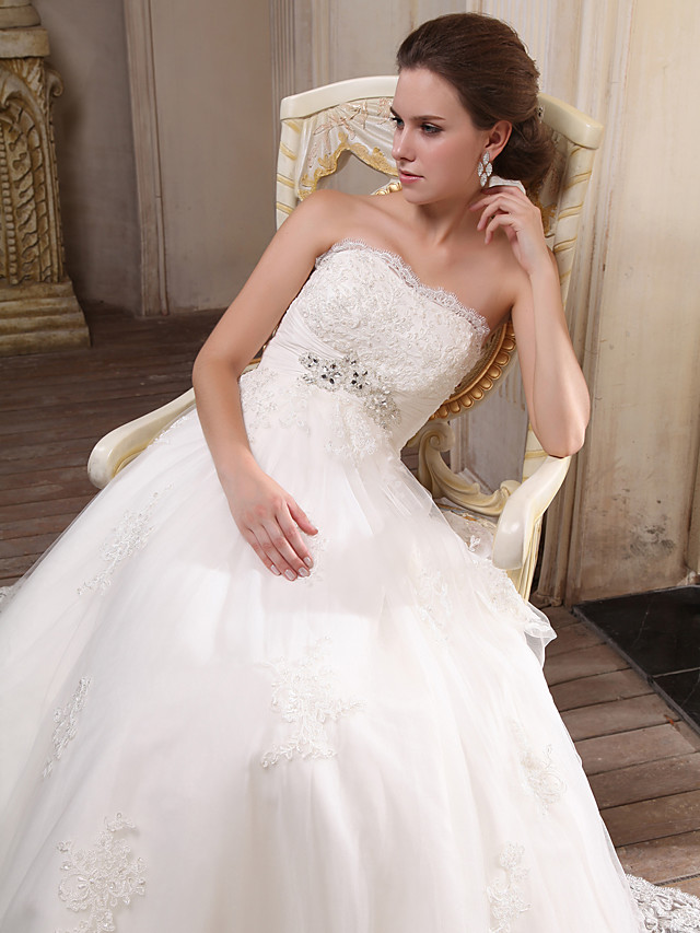 A-line Strapless Sleeveless Tulle Wedding Dress With Chapel Train 5