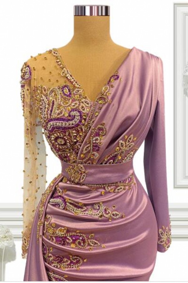 Mermaid Straps Long Sleeves Floor-length Stretch Satin Evening Dress With Ruffles 2