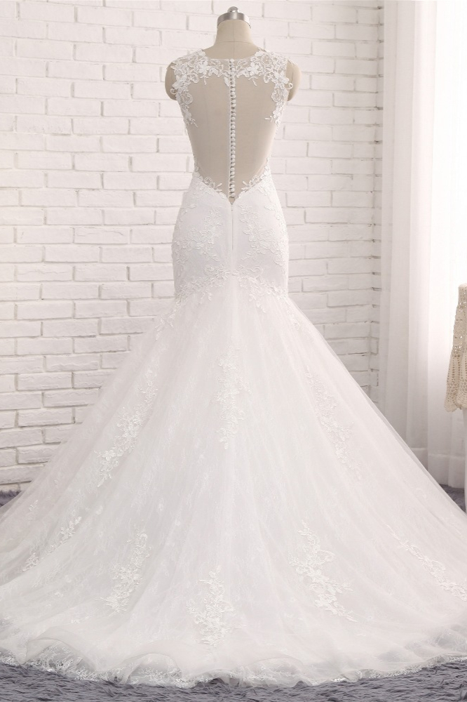 Mermaid Straps Court Train Tulle Wedding Gown With Appliques 2