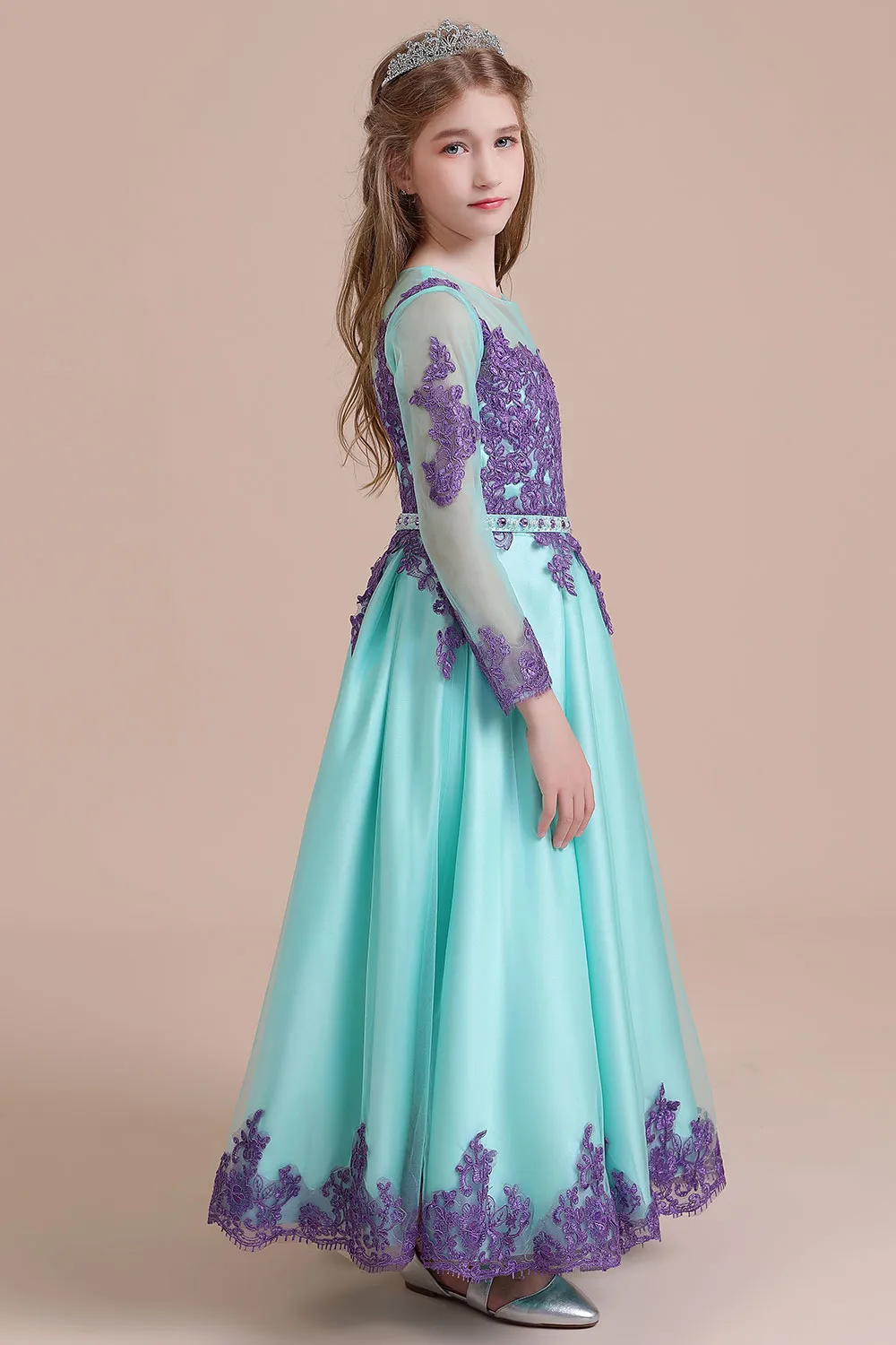 A-line Jewel Neck Long Sleeves Ankle-length Tulle Flower Girl Dress With Rhinestone 6
