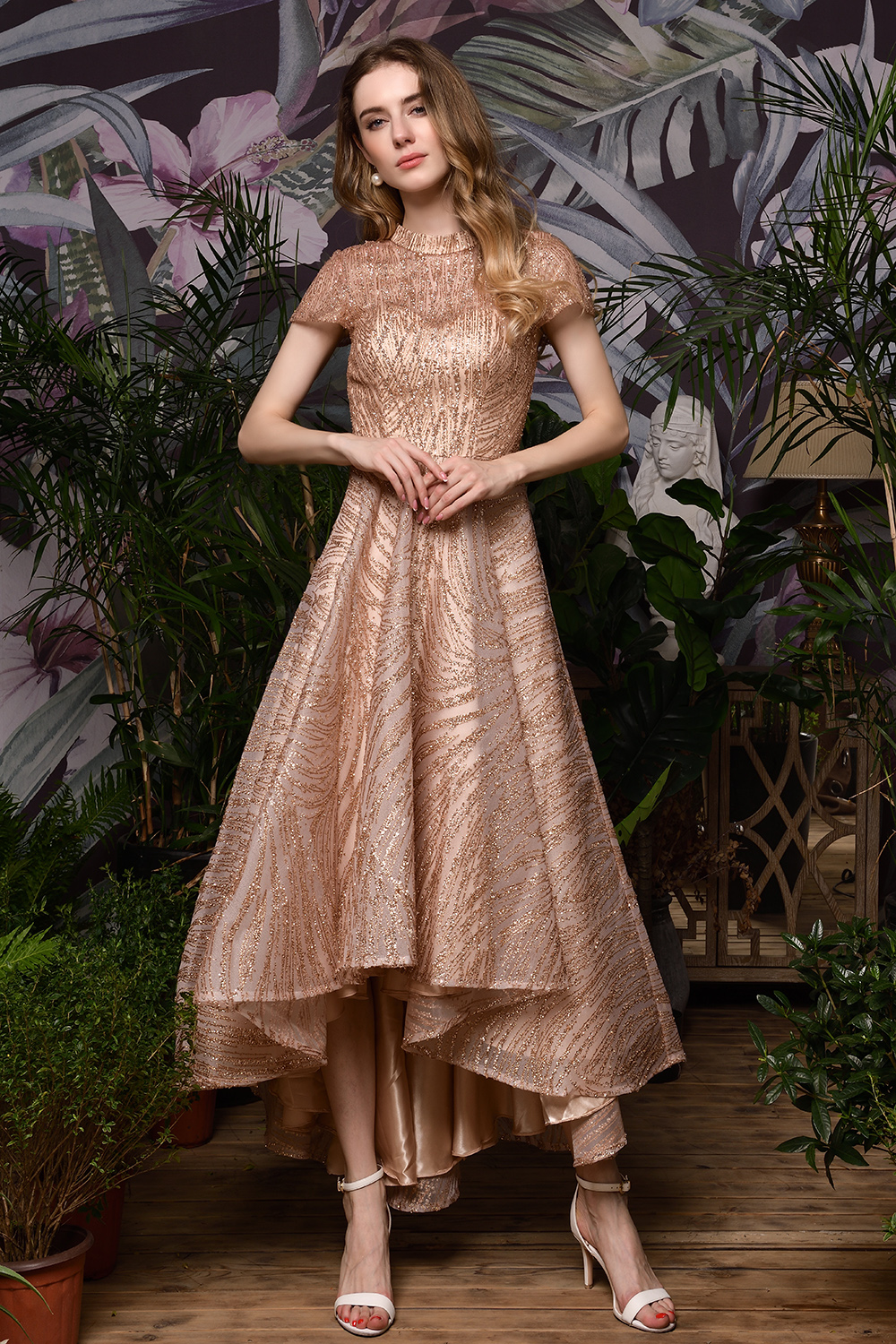 Jewel Neck Short Sleeves Hi-Lo Hard Net Formal Dress With Gilding 4