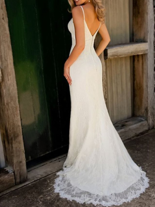 Mermaid V-neck Sleeveless Sweep / Brush Train Tulle Bridal Dress With Lace 2