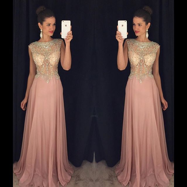 A-line Jewel Neck Sleeveless Floor-length 100D Chiffon Formal Wear With Crystal 2