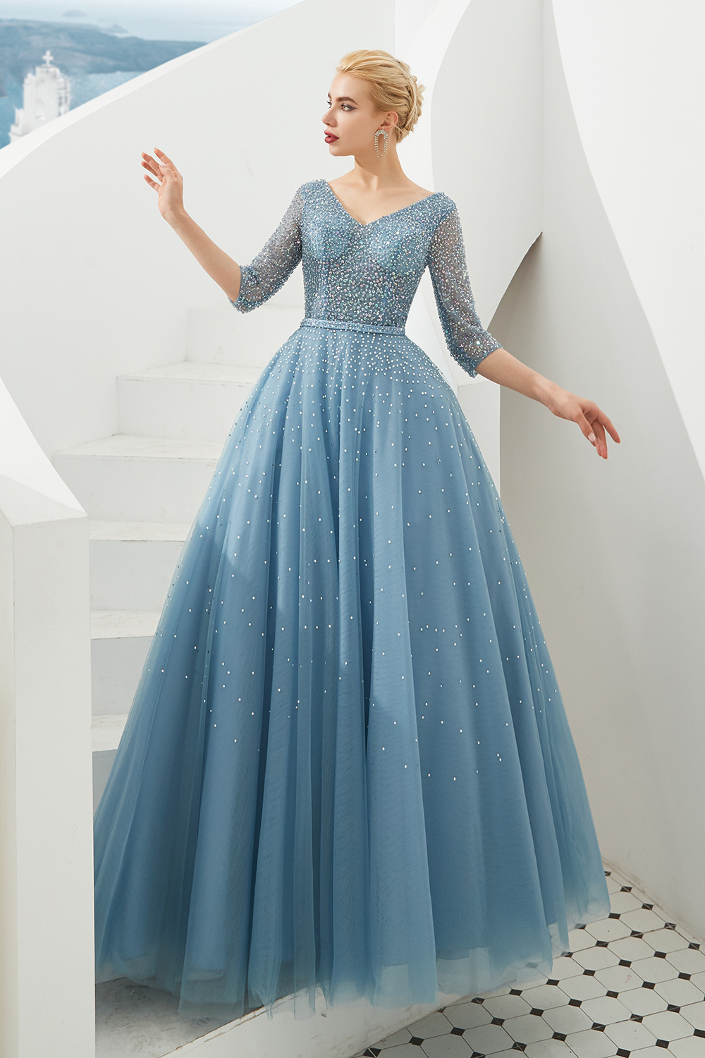 V-neck Half-Sleeves Sweep / Brush Train Tulle Formal Wear With Sequins 2