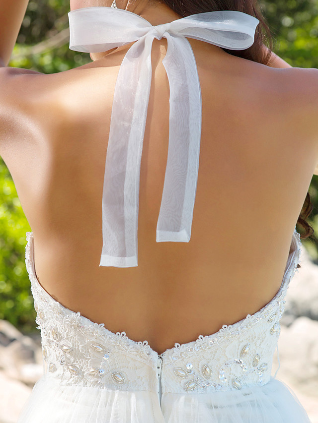 A-line Halter-neck Sleeveless Chapel Train Lace Bridal Gown With Lace 8