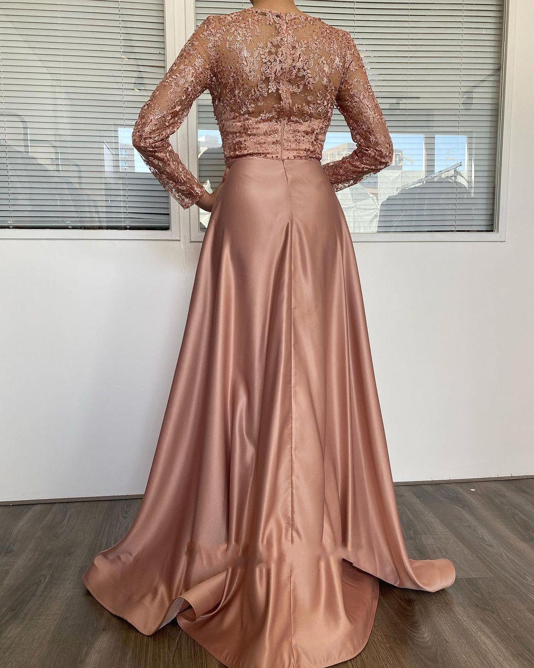 A-line Jewel Neck Long Sleeves Floor-length Stretch Satin Evening Dress With Lace 2