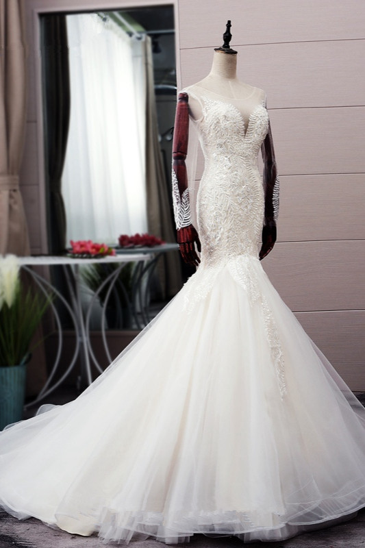 Mermaid Jewel Neck Long Sleeves Floor-length Tulle Wedding Dress With Lace 4