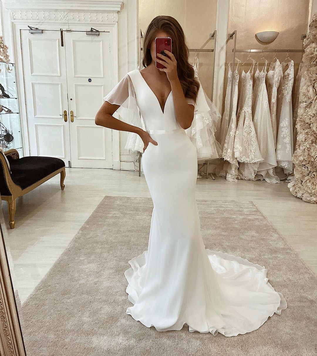 Mermaid V-neck Short Sleeves Court Train Satin Wedding Gown With Ribbons 2