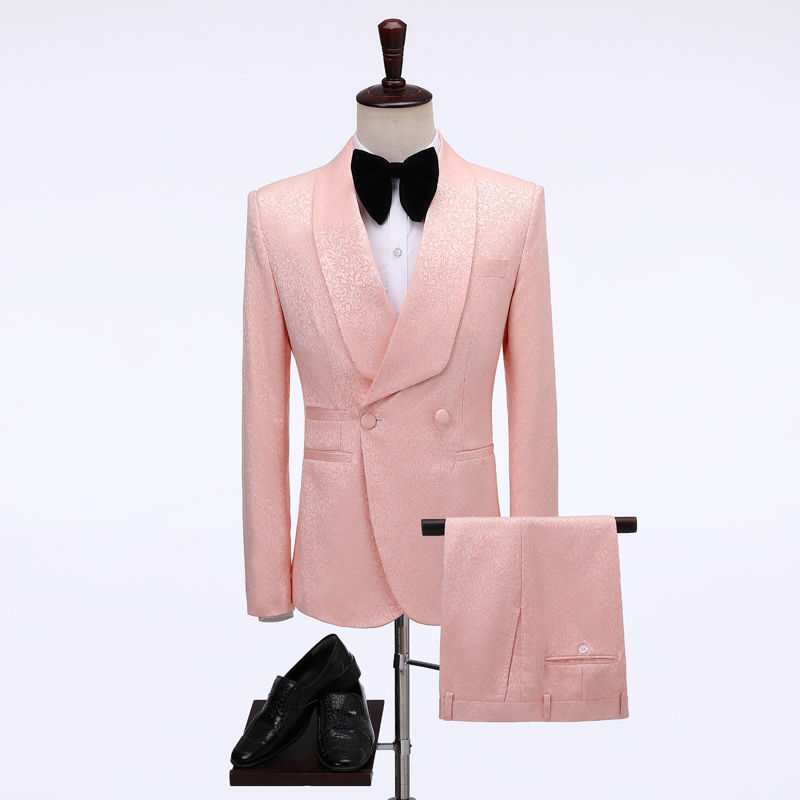 Pink Double Breasted Jacquard Wedding Suit 2