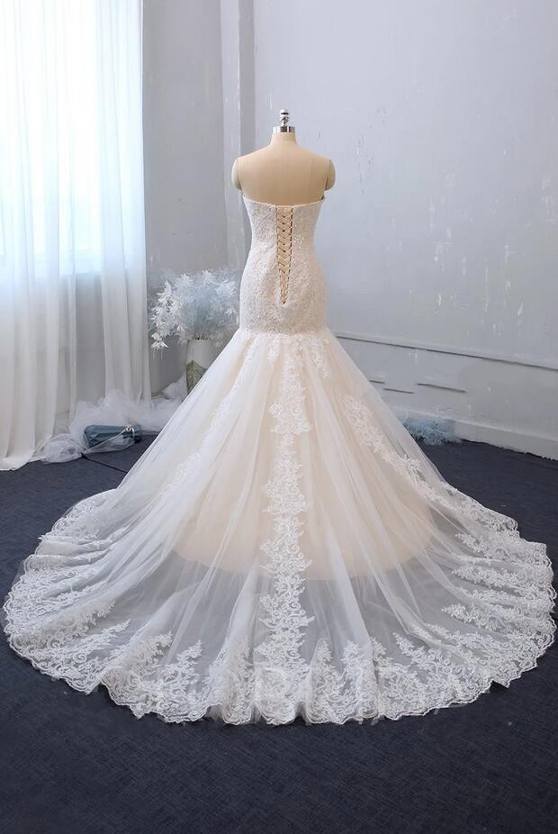 Mermaid Sweetheart Neck Sleeveless Court Train Tulle Bridal Gown With Pearls 2