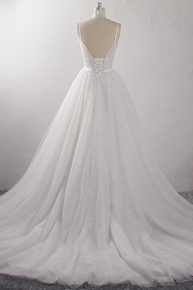 A-line Plunging Neckline Sleeveless Floor-length Tulle Wedding Dress With Ruffles 2