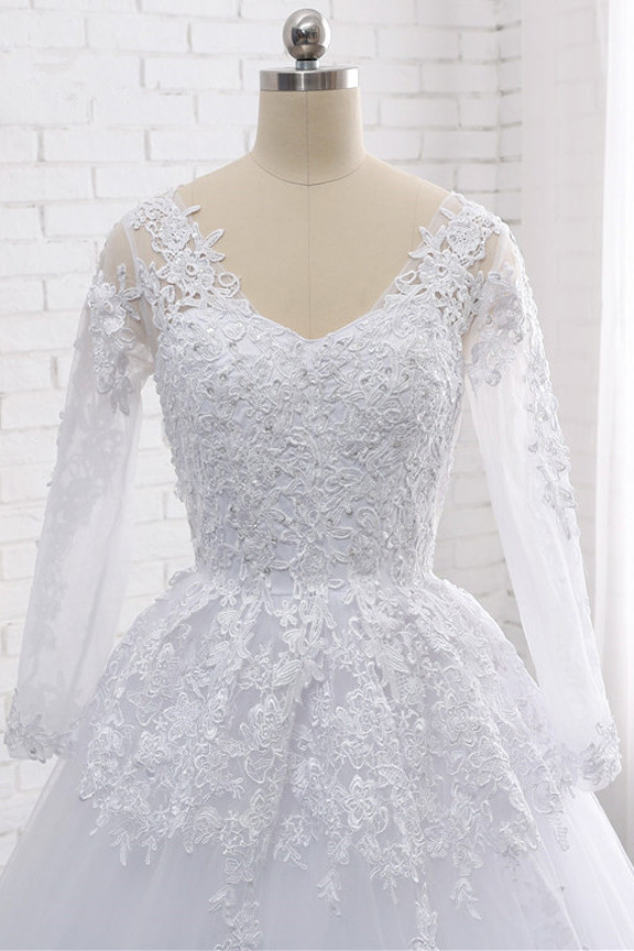 A-line V-neck Long Sleeves Floor-length Tulle Bridal Attire With Appliques 5