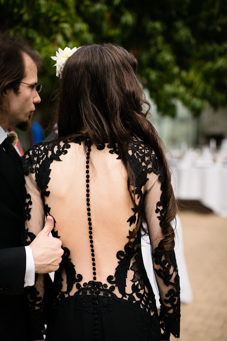 Mermaid Jewel Neck Long Sleeves Sweep / Brush Train Satin Wedding Gown With Lace 9