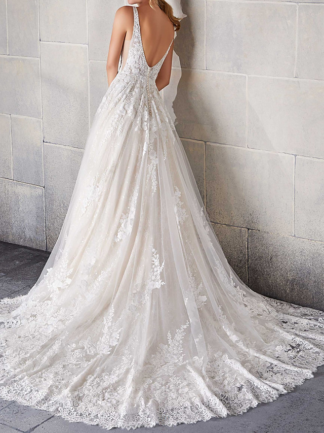 A-line Sleeveless Sweep / Brush Train Tulle Wedding Gown With Lace 2