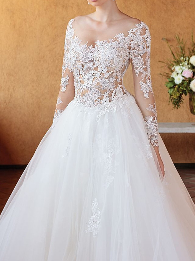 Ball Gown V-neck Chapel Train Tulle Wedding Gown With Lace 3