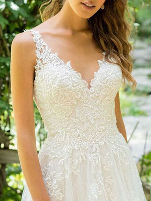A-line V-neck Sleeveless Floor-length Bridal Gown With Court Train 3