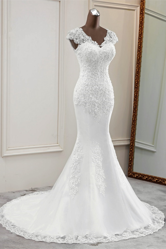 Mermaid V-neck Sleeveless Floor-length Tulle Wedding Dress With Lace 3