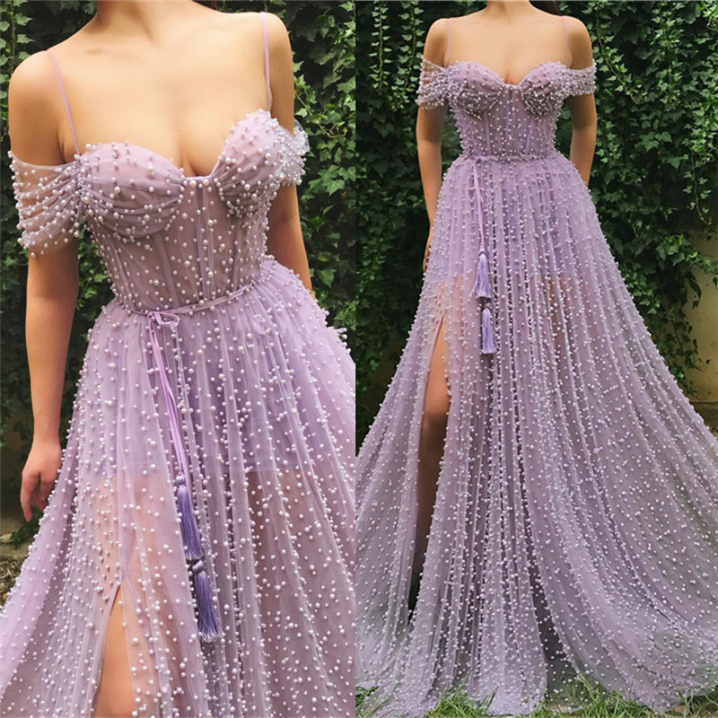 A-line Off-the-shoulder Sweetheart Neck Sleeveless Floor-length Tulle Formal Dress With Pearls 3