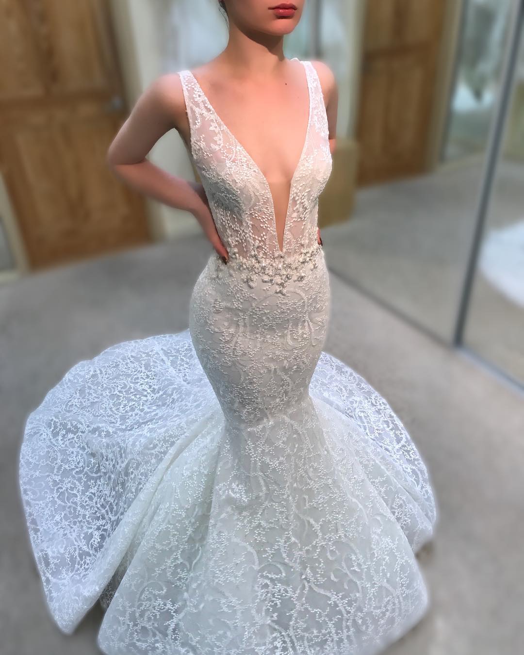 Mermaid V-neck Sleeveless Court Train Bridal Attire With Beading 2