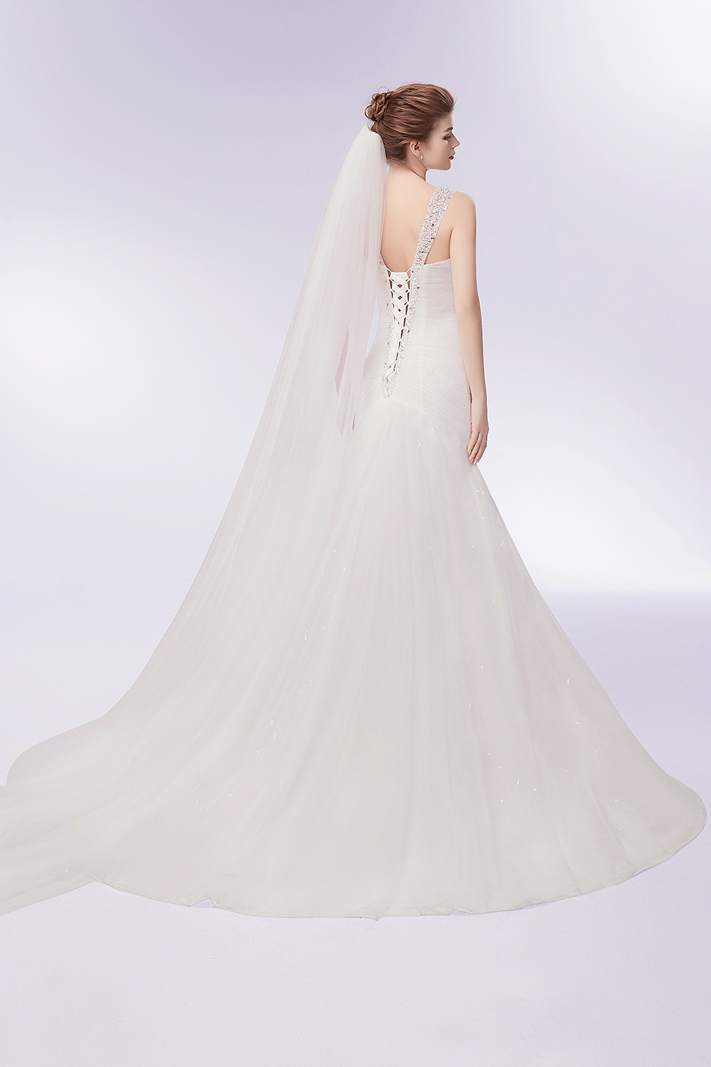 Mermaid V-neck Sleeveless Court Train Tulle Bridal Gown With Crystal 7