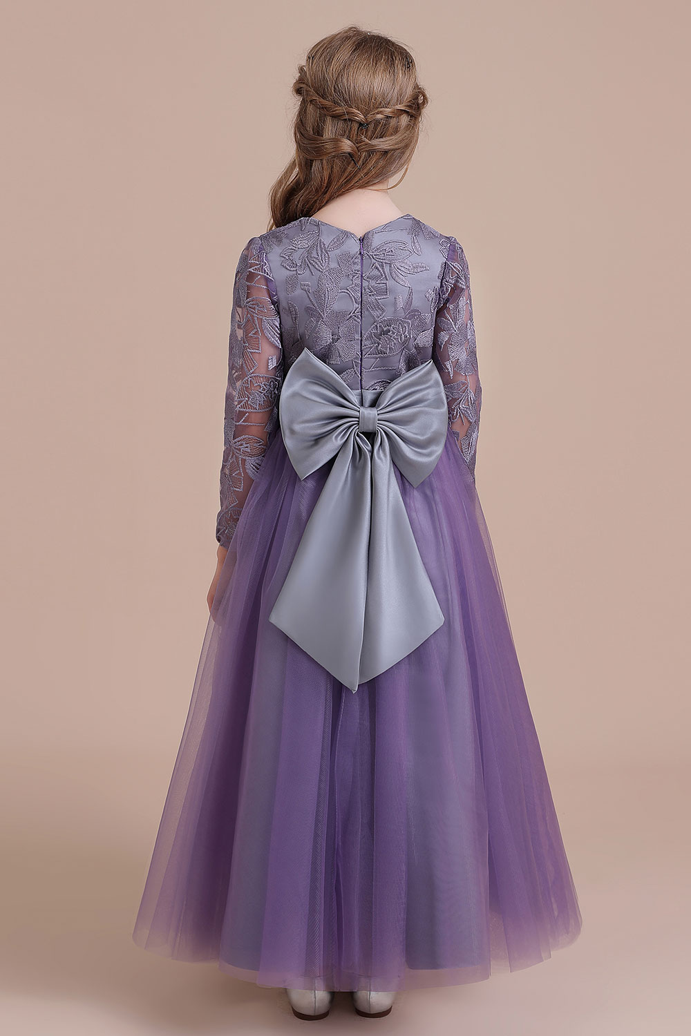 A-line Jewel Neck Long Sleeves Ankle-length Tulle Flower Girl Dress With Bow 2