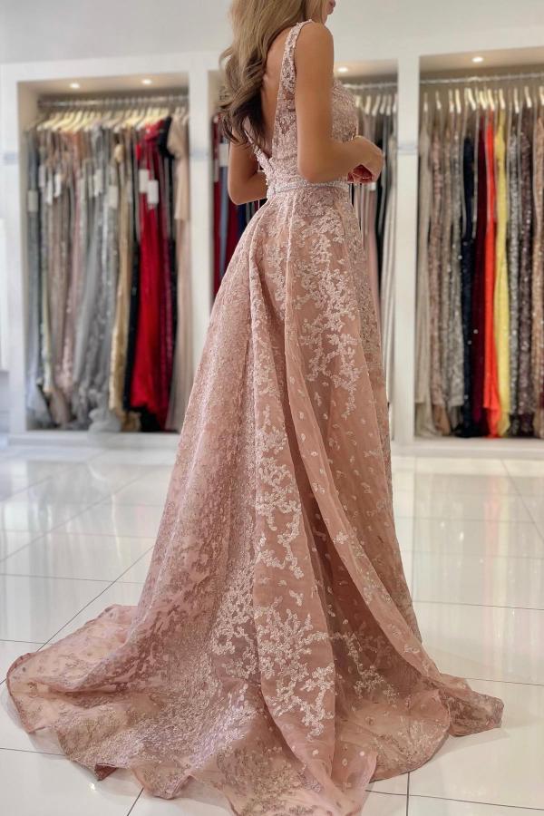 A-line V-neck Sleeveless Floor-length Lace Formal Dress With Ruffles 3