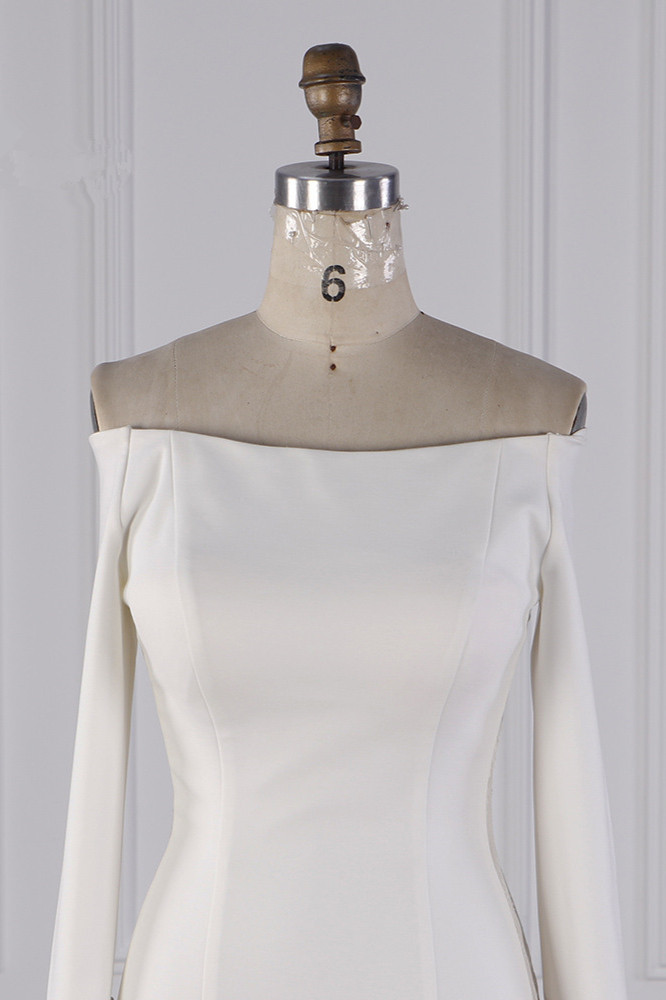Column Off-the-shoulder Long Sleeves Floor-length Satin Wedding Dress With Appliques 4