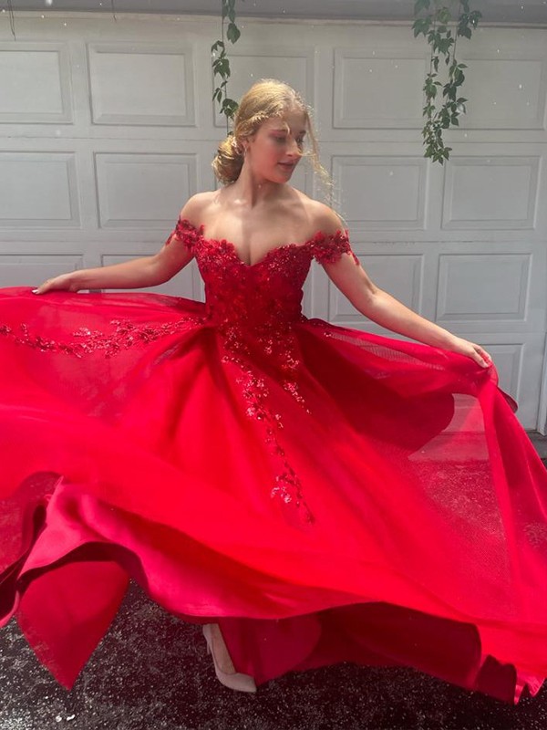 A-line Off-the-shoulder V-neck Sleeveless Floor-length Formal Dress With Sweep / Brush Train 2