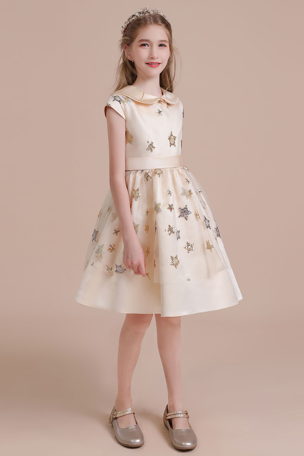A-line Jewel Neck Short Sleeves Knee-length Tulle Flower Girl Dress With Ribbons 5
