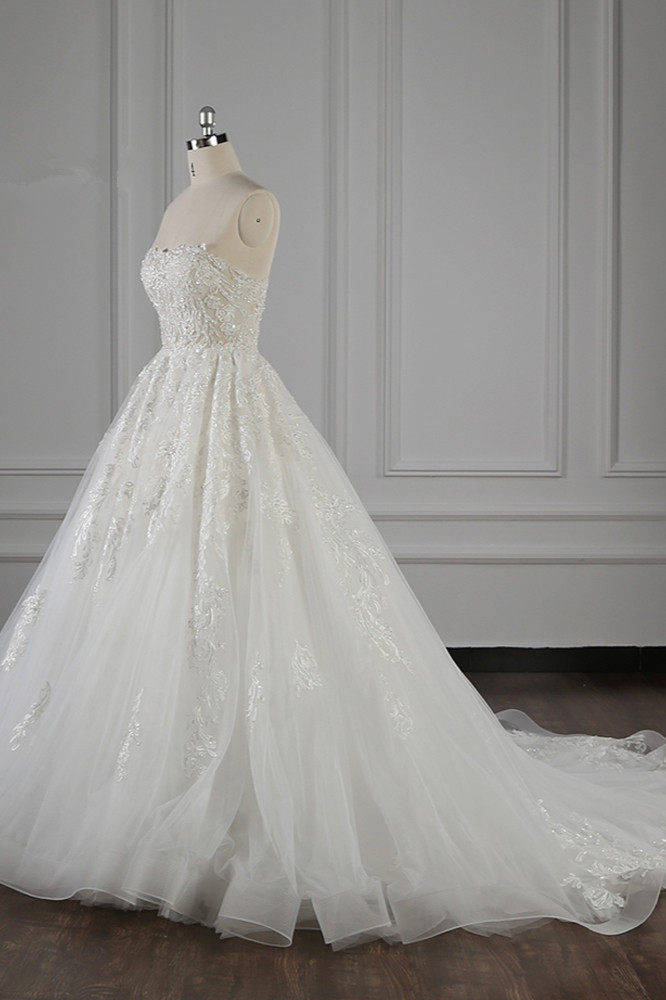 A-line Strapless Sleeveless Floor-length Tulle Bridal Dress With Beading 3