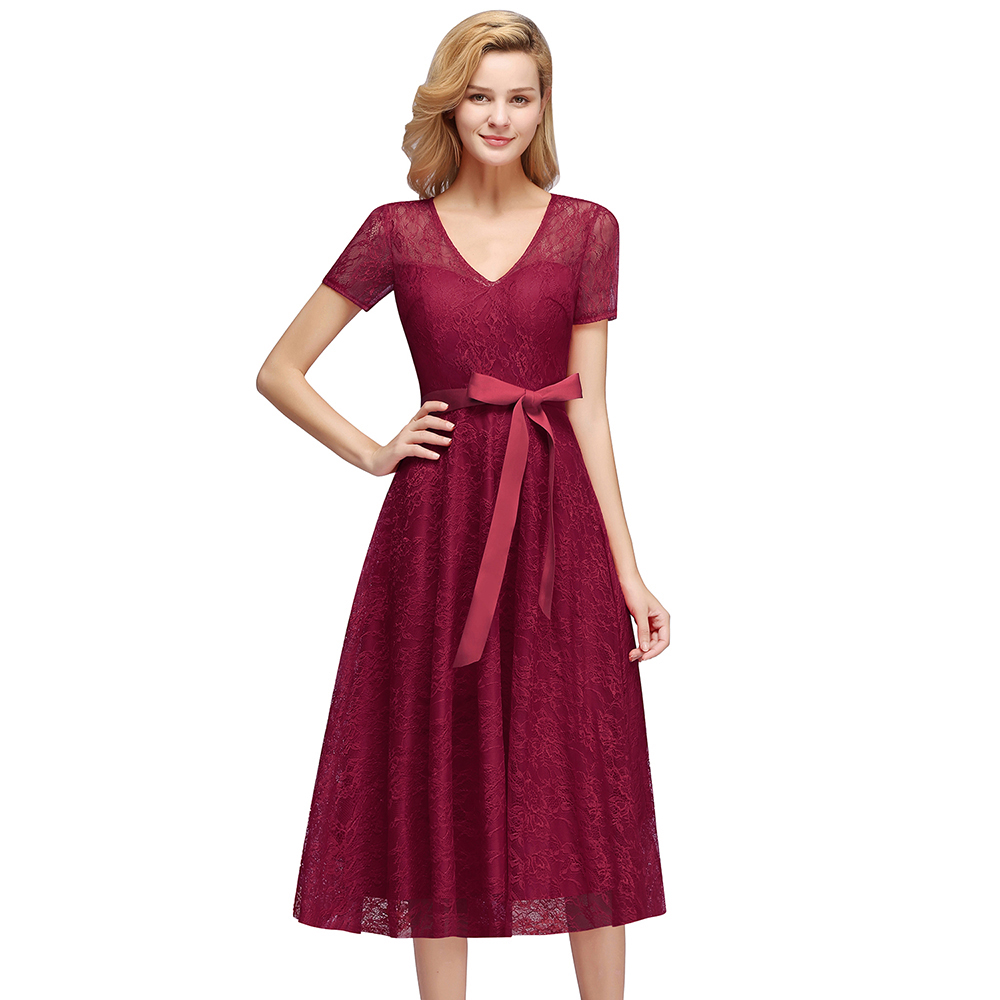 A-line V-neck Short Sleeves Mini Lace Bridesmaid Attire With Ribbons 8