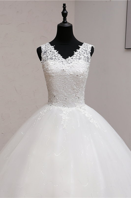 V-neck Sleeveless Floor-length Tulle Bridal Dress With Appliques 5