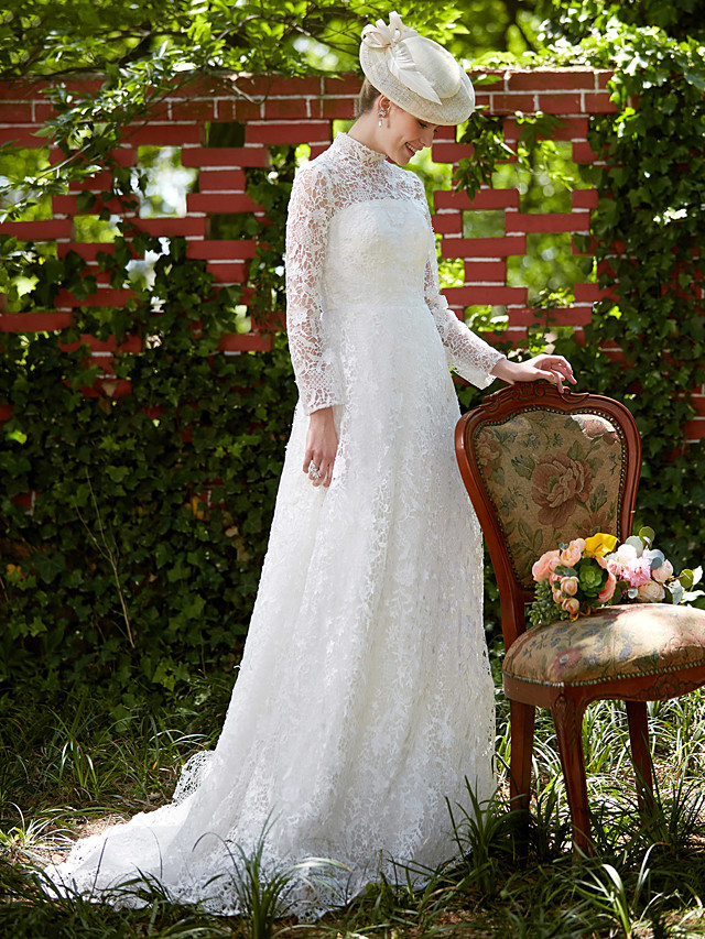 A-line Long Sleeves Court Train Lace Bridal Gown With Lace 7