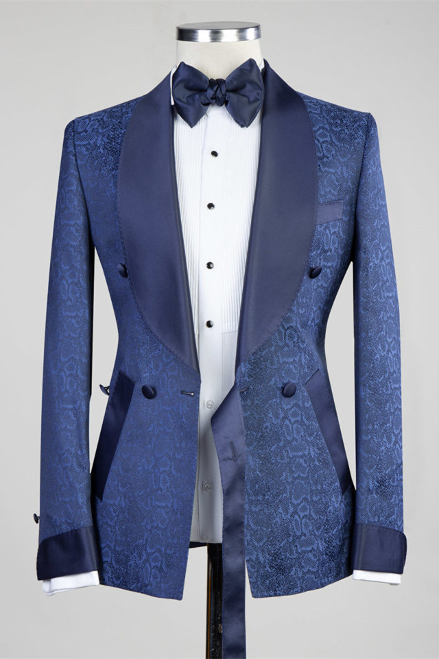 Dark Navy Double Breasted Men's Suit with Shawl Lapel for Wedding 4