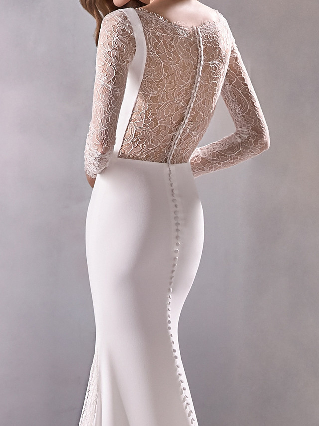 Mermaid Bateau Neck Long Sleeves Sweep / Brush Train Tulle Bridal Gown With Lace 4