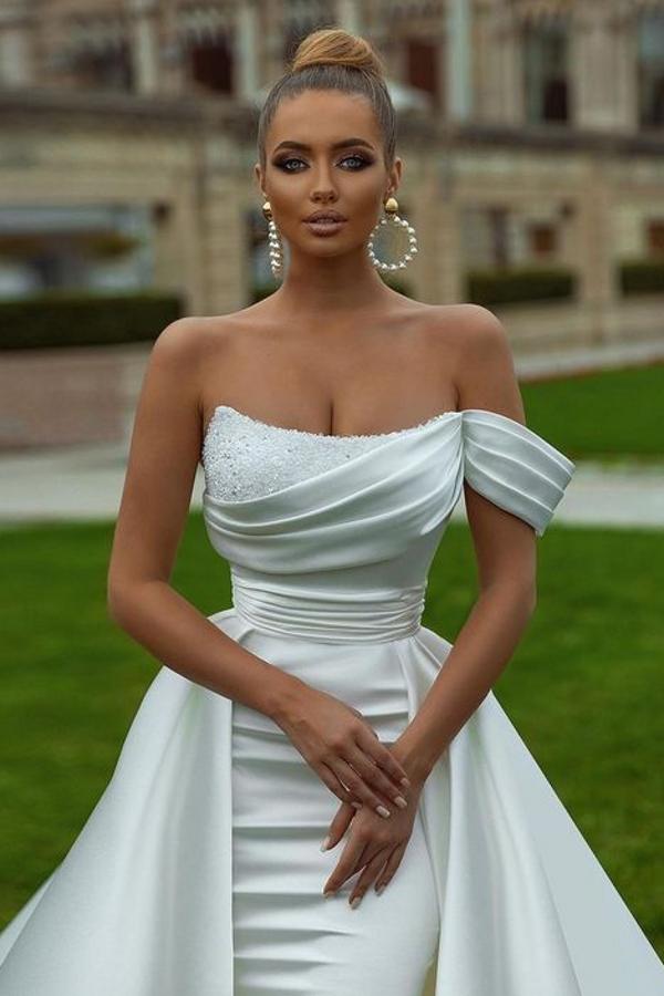 Seraphina Modern Satin Sheath Wedding Dress with Dramatic Cathedral Overskirt 3