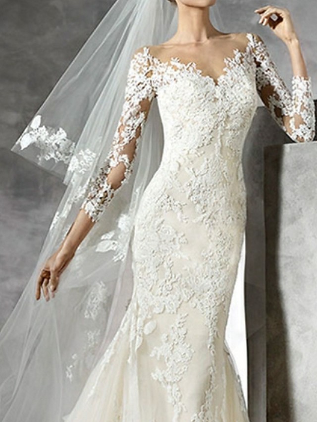 Mermaid V-neck Sweep / Brush Train Lace Bridal Attire With Lace 2