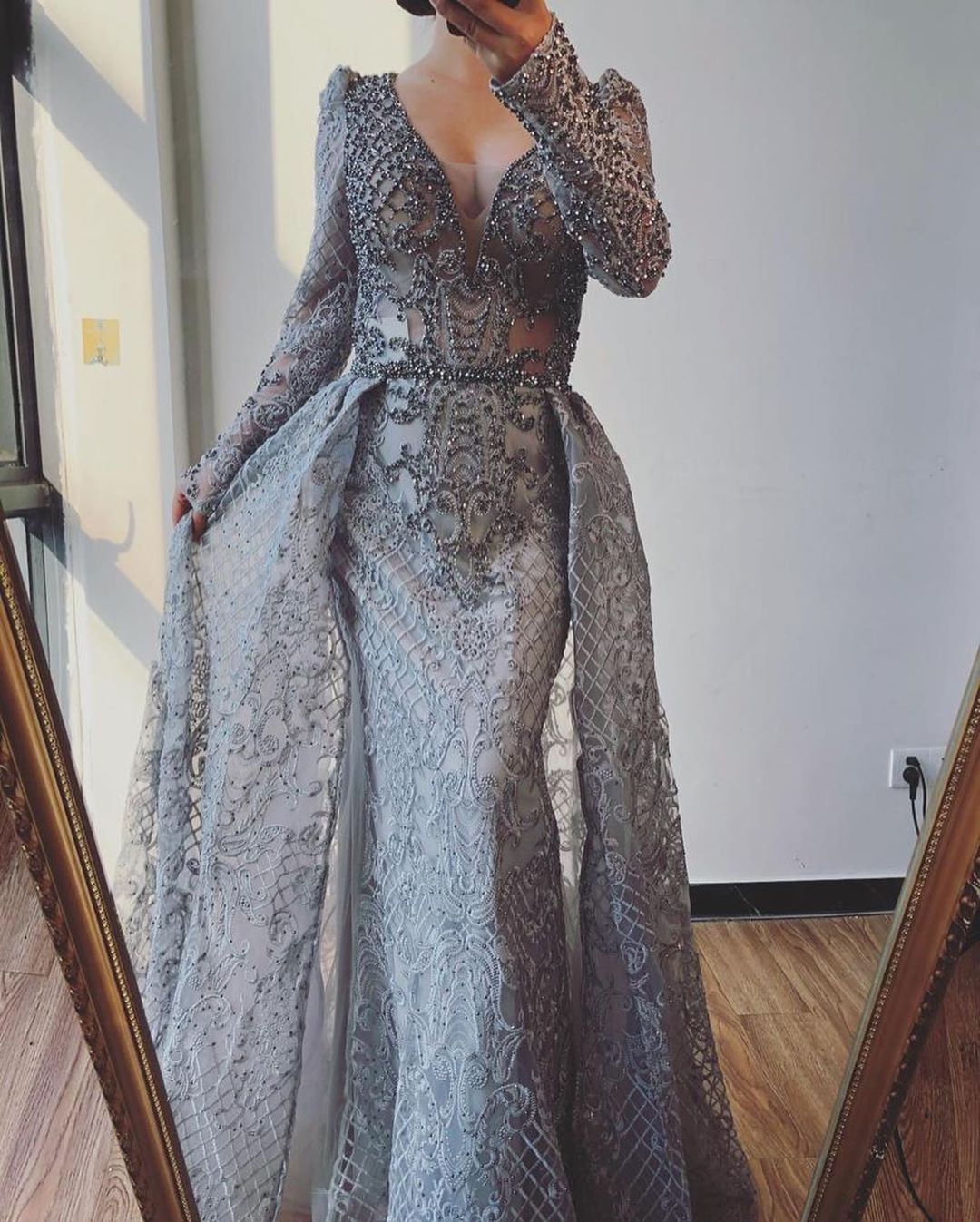 A-line Jewel Neck Long Sleeves Floor-length Lace Evening Gown With Ruffles 3