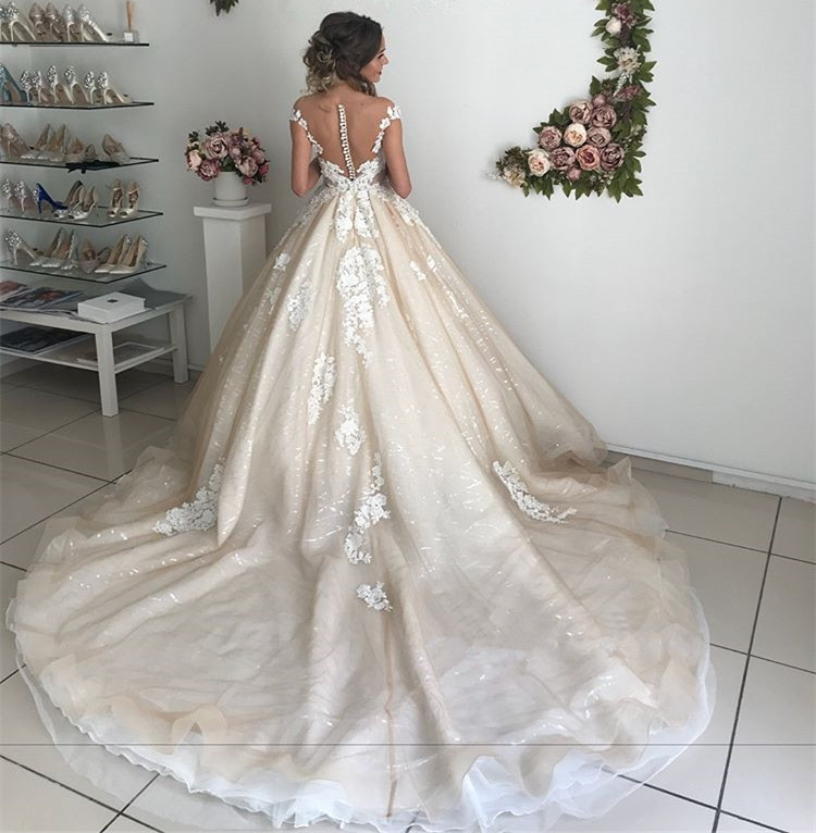A-line Off-the-shoulder Sleeveless Sweep / Brush Train Tulle Wedding Gown With Lace 4