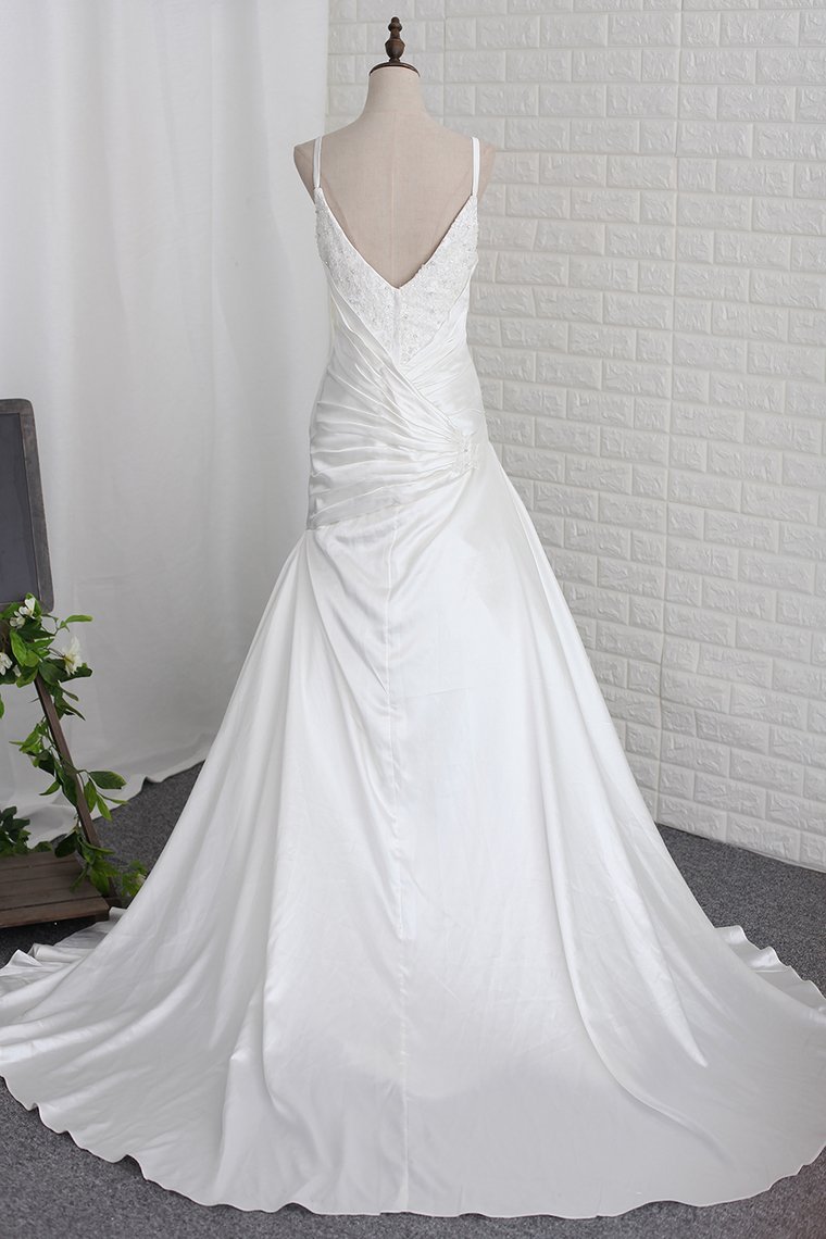 Mermaid Straps Sweetheart Neck Sleeveless Court Train Satin Wedding Gown With Beading 2