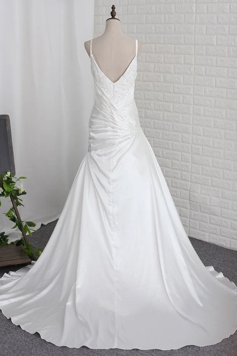 Mermaid Straps Sweetheart Neck Sleeveless Court Train Satin Wedding Gown With Beading 2