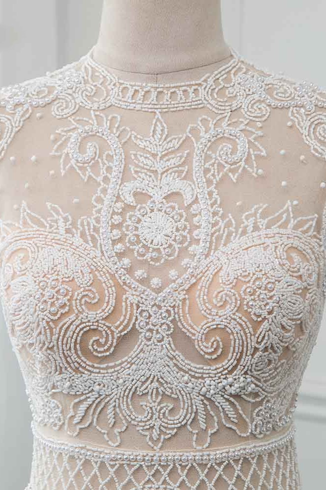 A-line Jewel Neck Sleeveless Floor-length 100D Chiffon Wedding Dress With Pearls 5